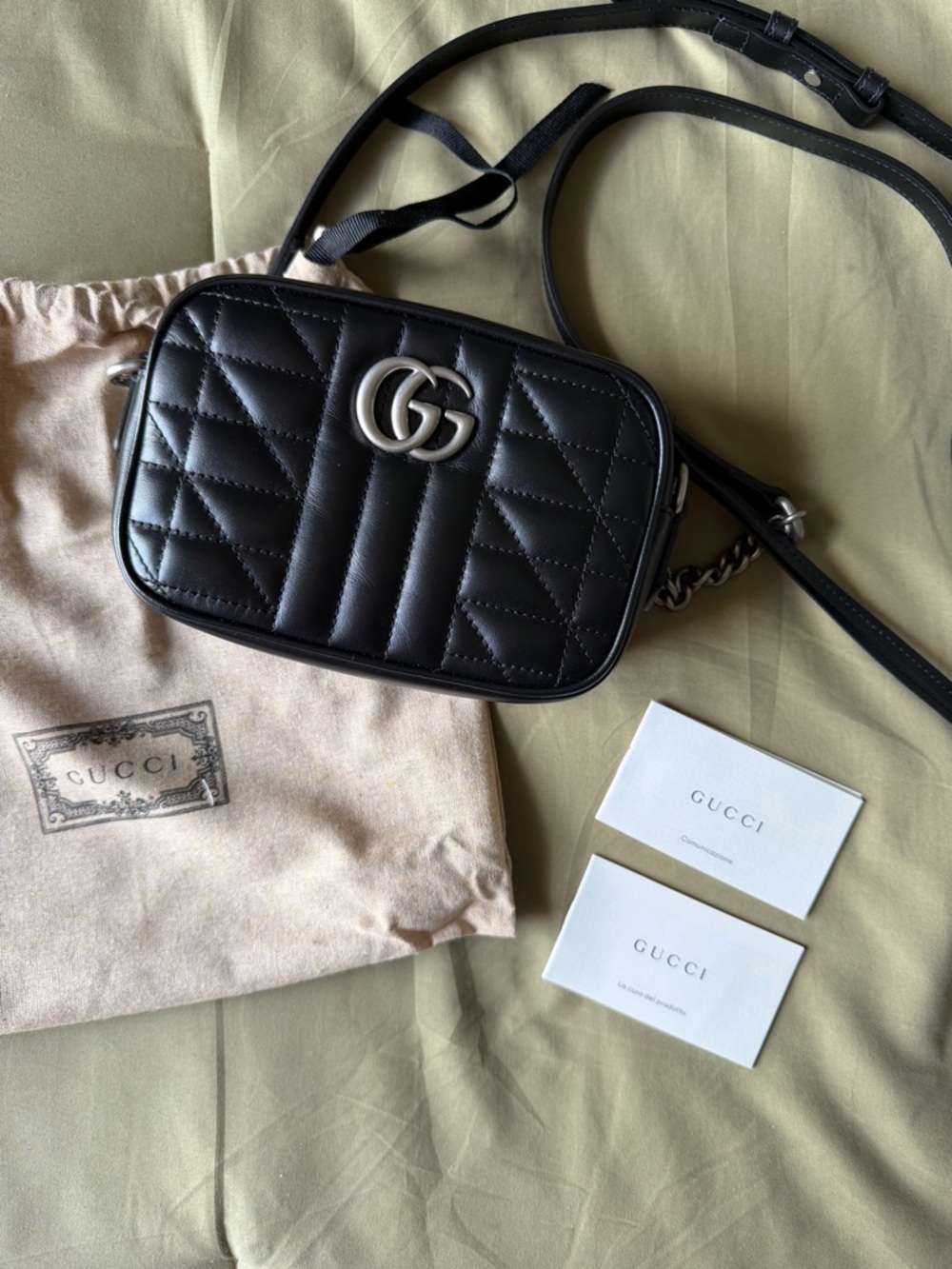 Gucci GG Marmont Mini Matelassé Leather Crossbody Bag with silver hardware